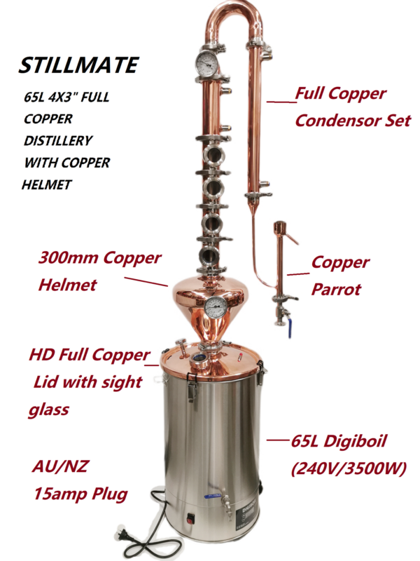 65L Copper 3" x 4 Plate Colume Modular Micro Distillery with Helmet - Free Power station