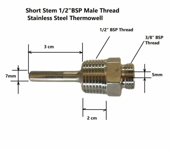 Short Stem 1/2" BSP Male Thread SS Thermowell