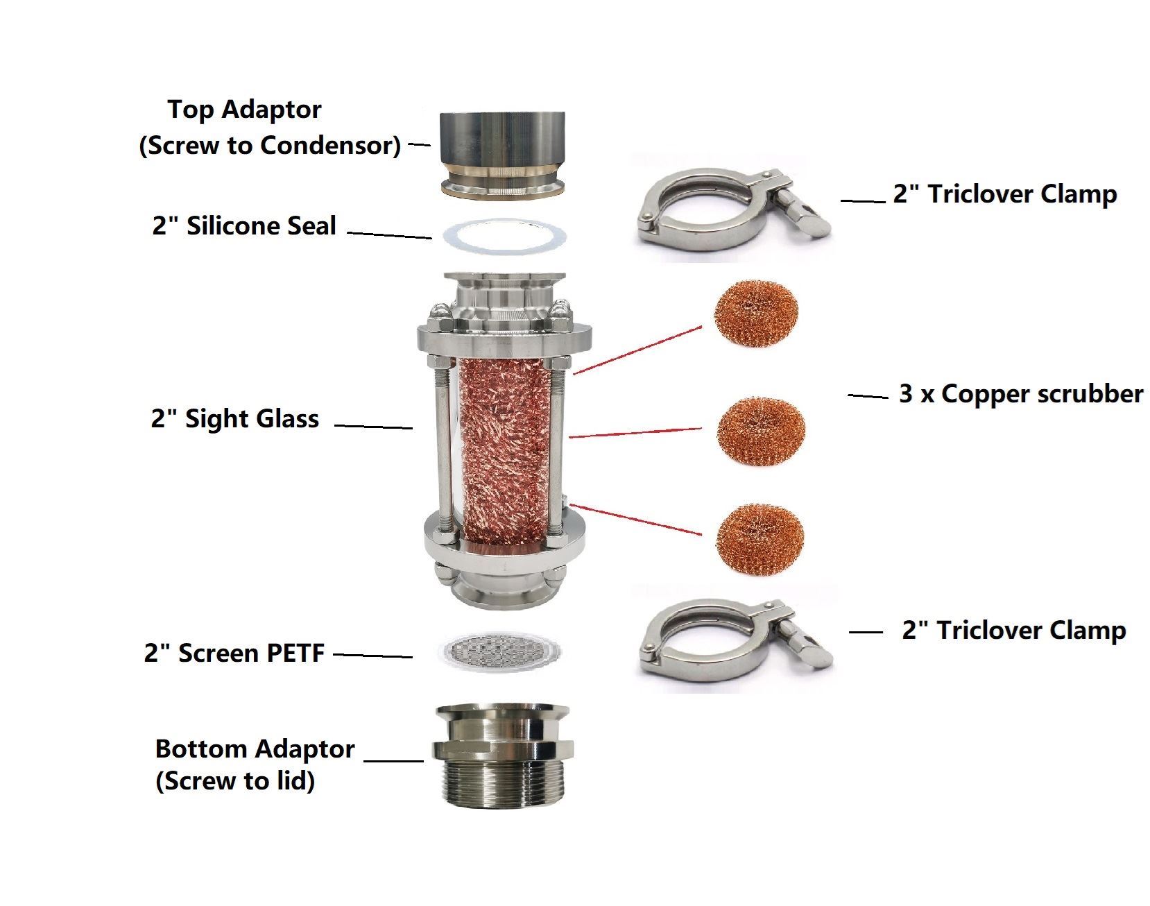 thumbnail image 2 of Brewwizard Stainless Steel 2" Sight Glass Kit For Pure Distilling Reflux Condenser 2 of 4